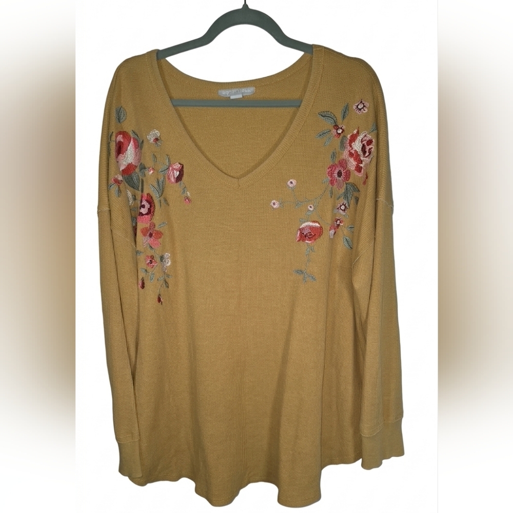 Woman‎ Within Mustard V-Neck Waffle Knit with Floral Embroidery Boho
